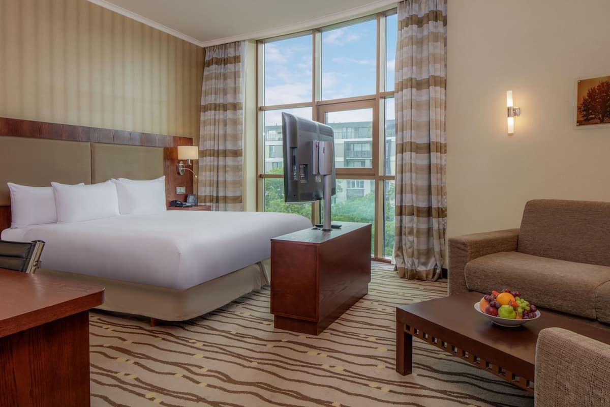 A hotel room with a large bed, a TV on a wooden stand, a sofa, a small table with fruit, and a view of the outdoors.