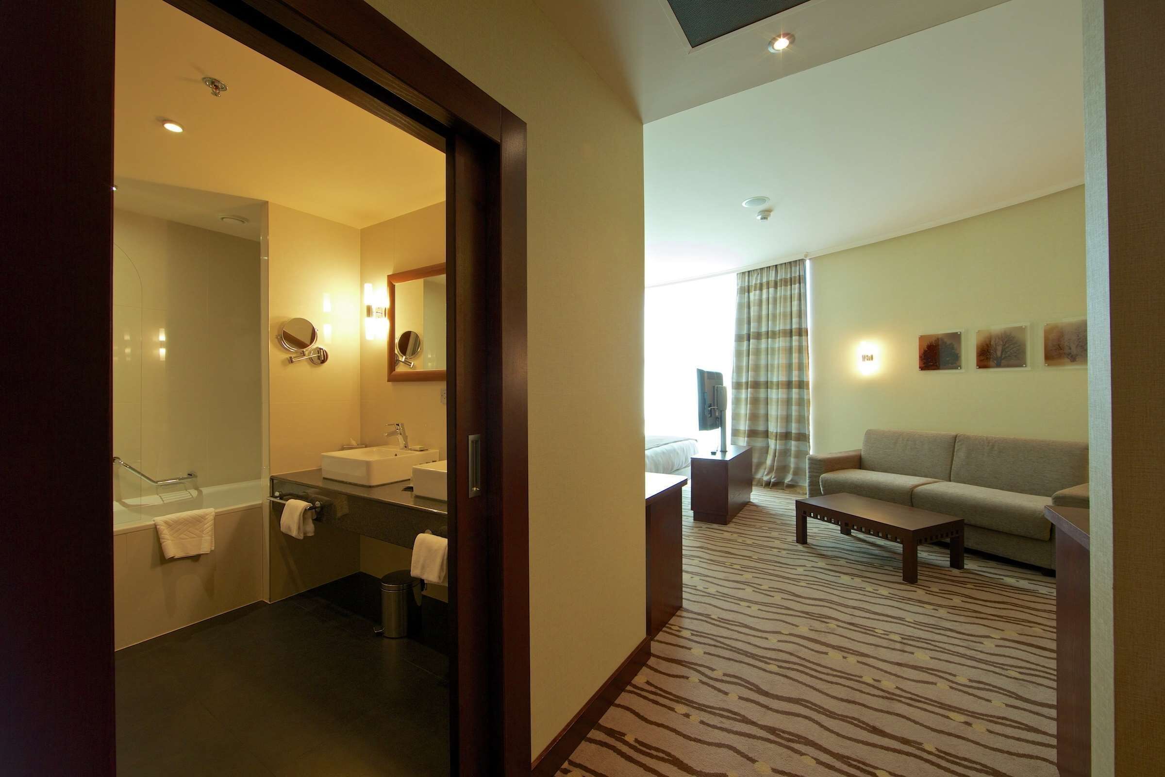 A hotel room with a bathroom, a sofa, a coffee table, and a zebra-patterned carpet.