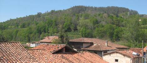 A rural village with traditional red-tiled roofs and buildings surrounded by lush green hills.