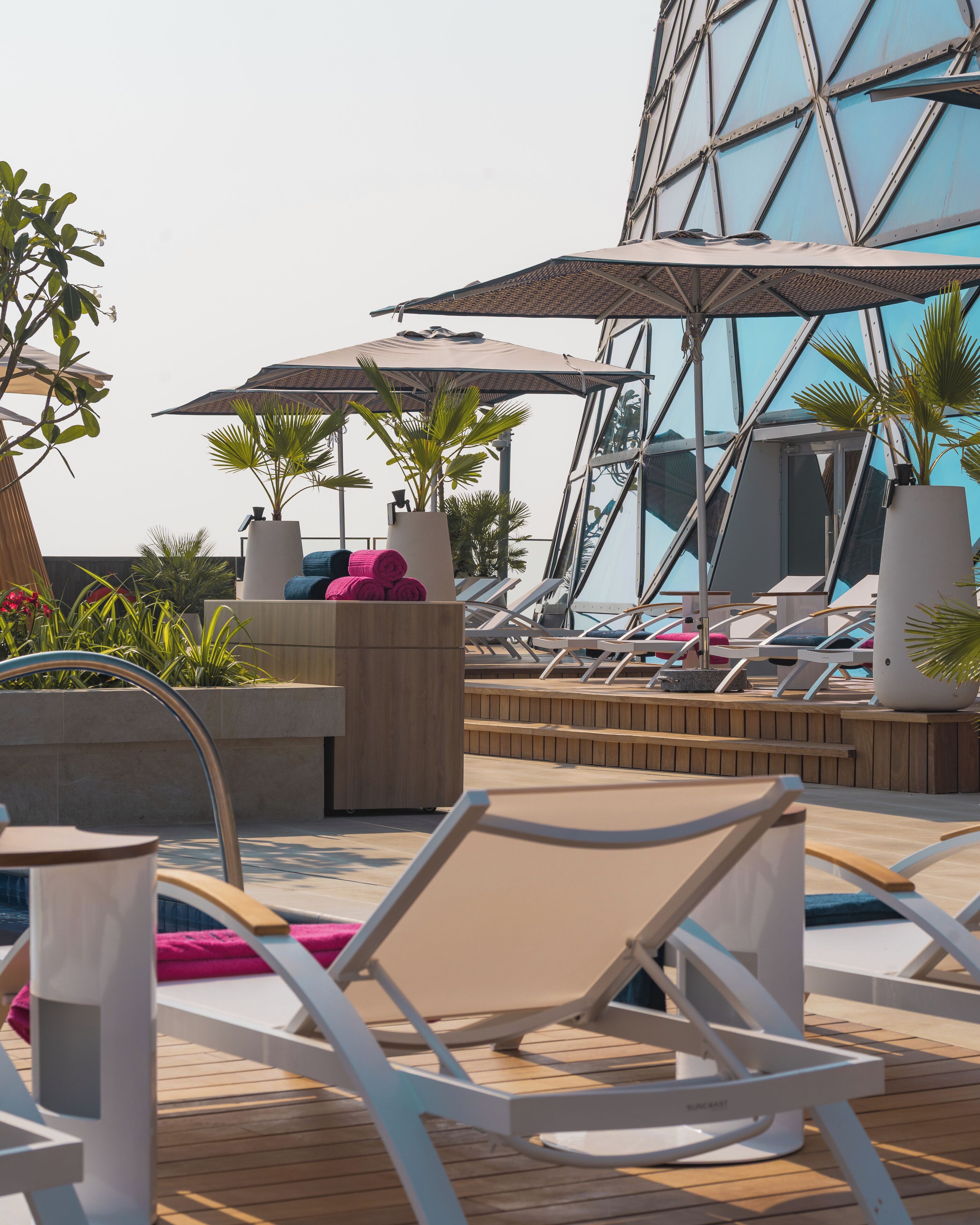 A rooftop pool area with lounge chairs, umbrellas, and potted plants.