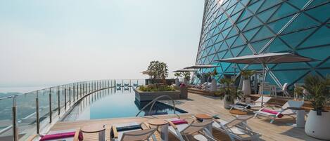 Outdoor pool, pool umbrellas, sun loungers