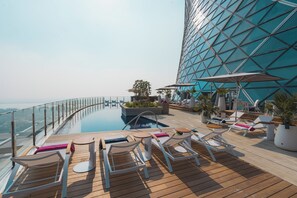 Un área de piscina en la azotea con sillones de descanso, una piscina pequeña y una barandilla de cristal con vistas a un paisaje urbano.