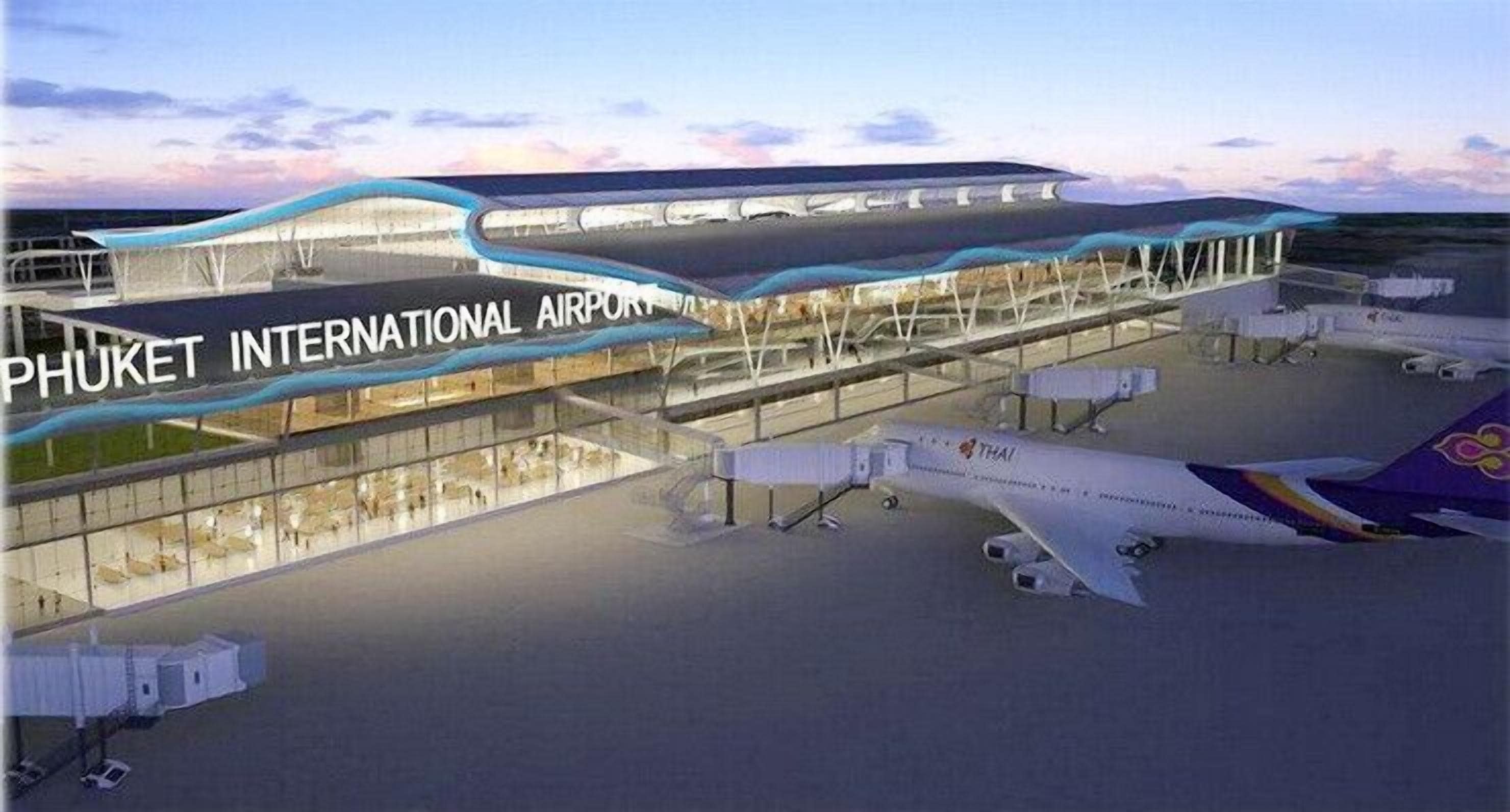Una terminal aeroportuaria moderna con fachada de vidrio y un pasillo cubierto.