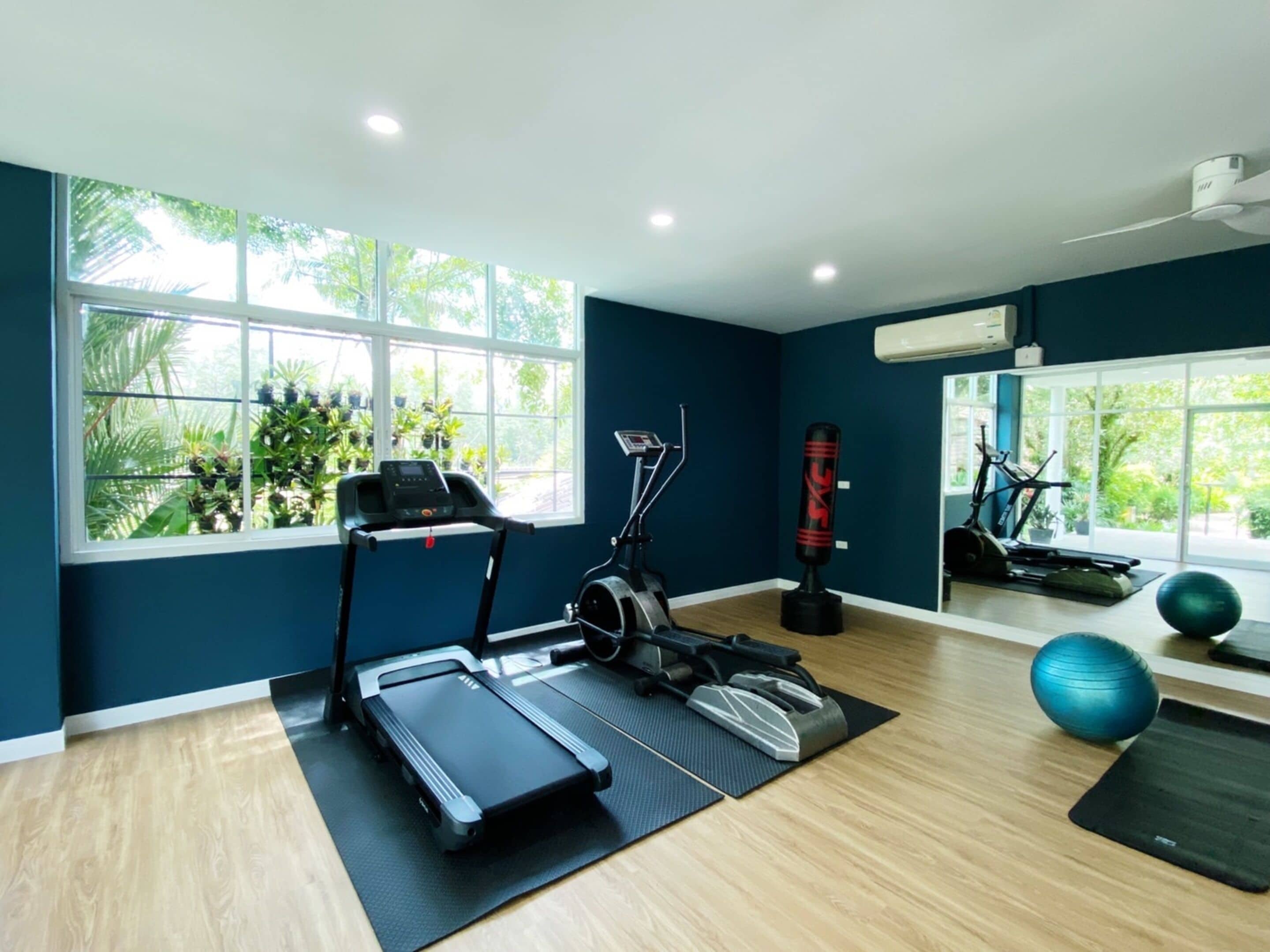 A home gym with a treadmill, elliptical, punching bag, and exercise balls.