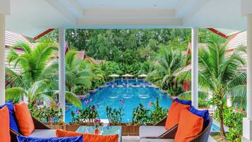 Breakfast, lunch, dinner served; international cuisine, pool views