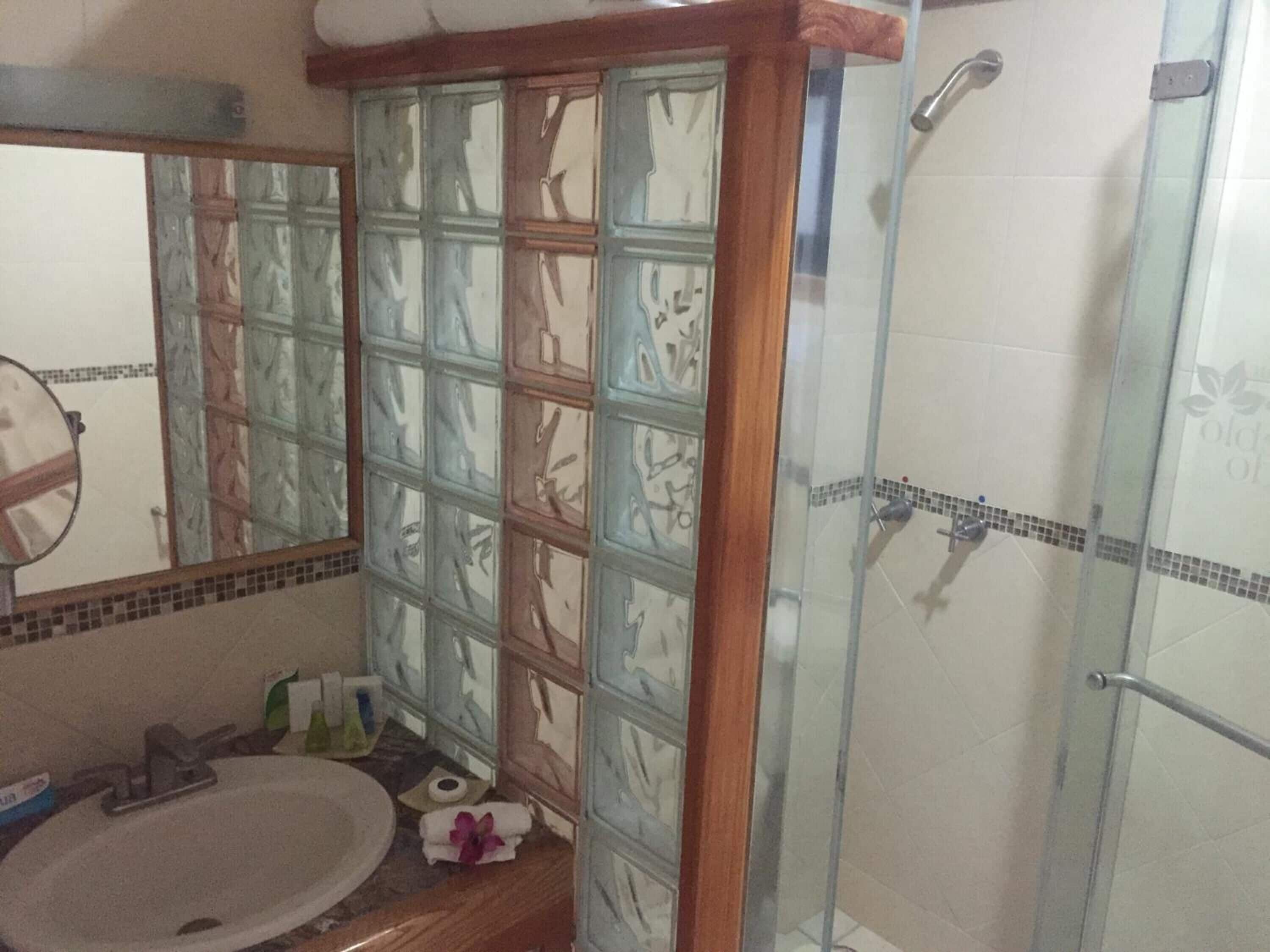 shower, rainfall showerhead, free toiletries, hair dryer