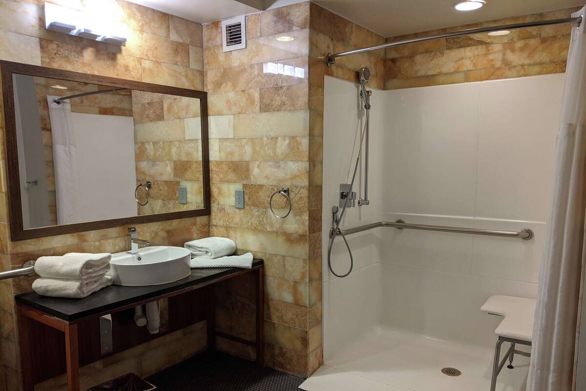 A bathroom with a sink, mirror, towel rack, shower with grab bars, and a toilet.