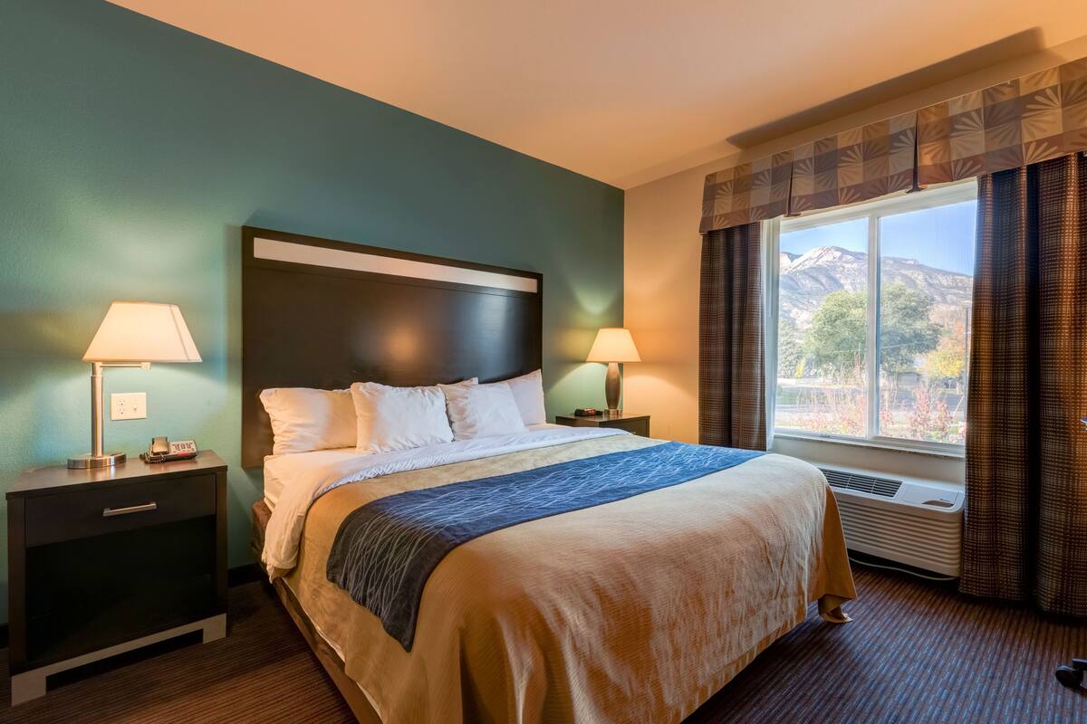 A hotel room with a large bed, two bedside tables with lamps, a window with curtains, and a view of mountains.