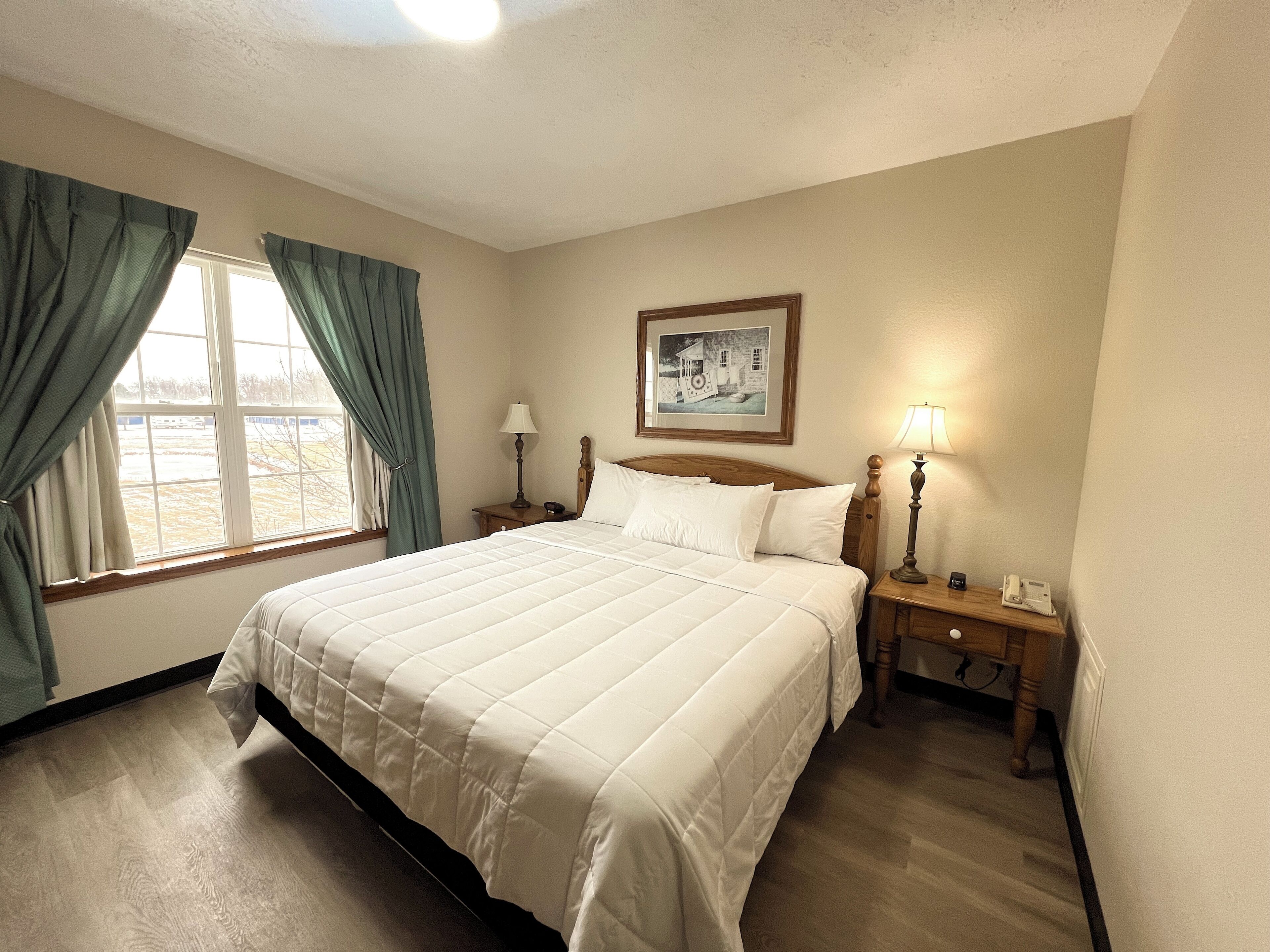 Habitación de hotel con una cama grande, una mesita de noche con lámpara, un cuadro en la pared y una ventana con cortinas.