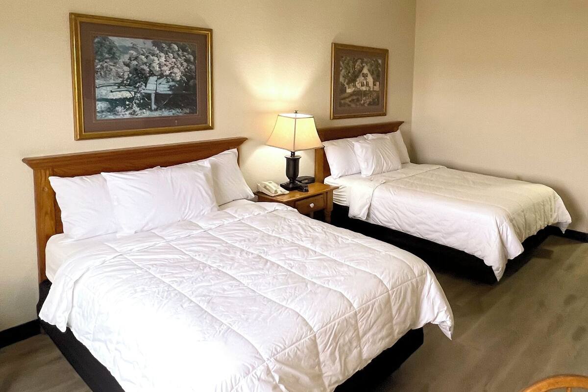 Two single beds with wooden headboards, a nightstand with a lamp and phone, and two framed pictures on the wall.