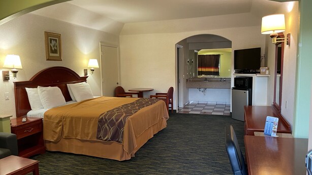 Une chambre d’hôtel comprenant un lit, des tables de chevet, un bureau, une chaise, une petite table, un four à micro-ondes, un lavabo et un téléviseur.