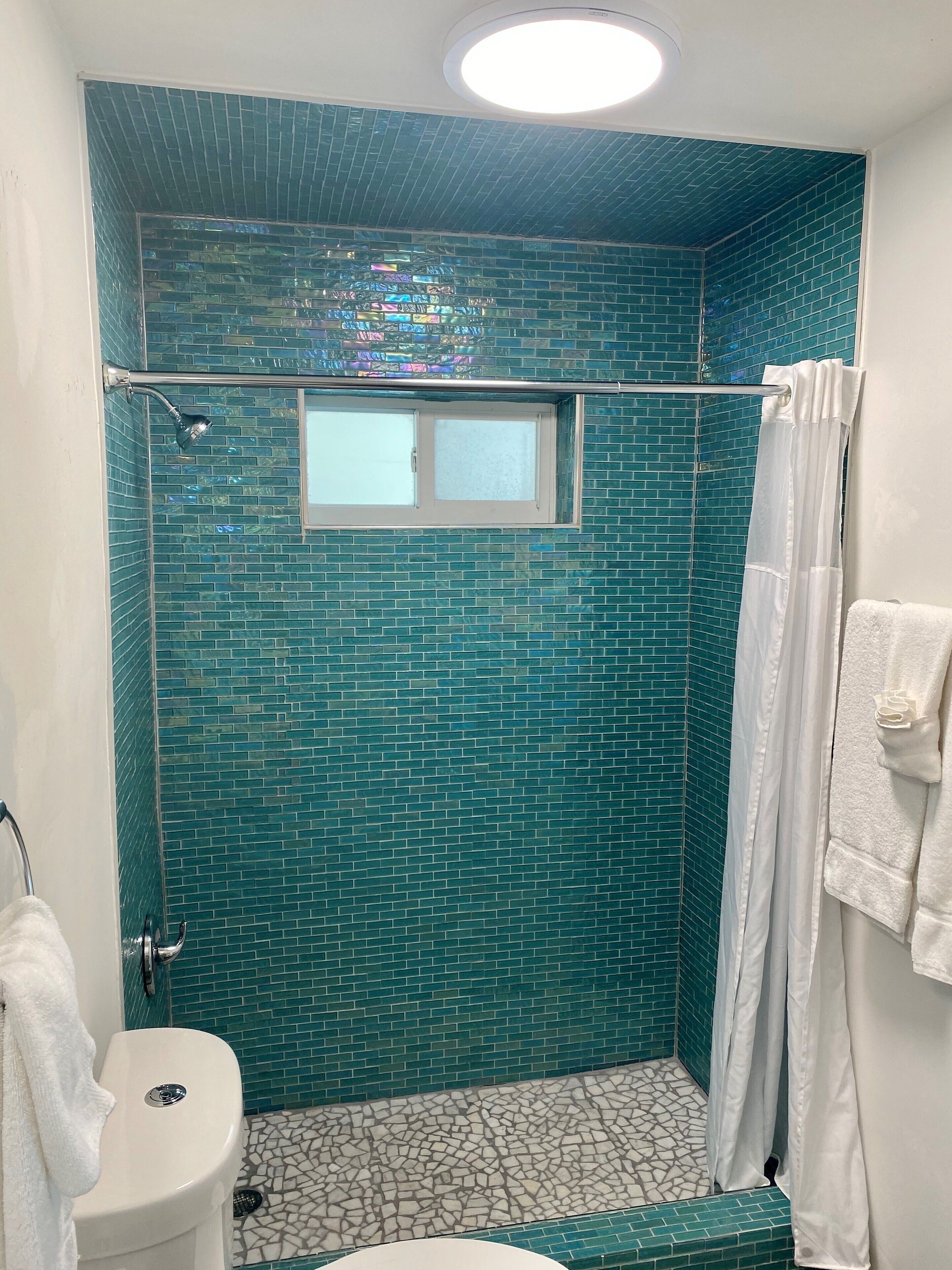 A bathroom with a shower, a toilet, and a window.