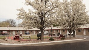 A motel with outdoor picnic tables and barbecue grills, surrounded by a parking area and a row of rooms. - Budget Inn and Suites Colby (Colby)