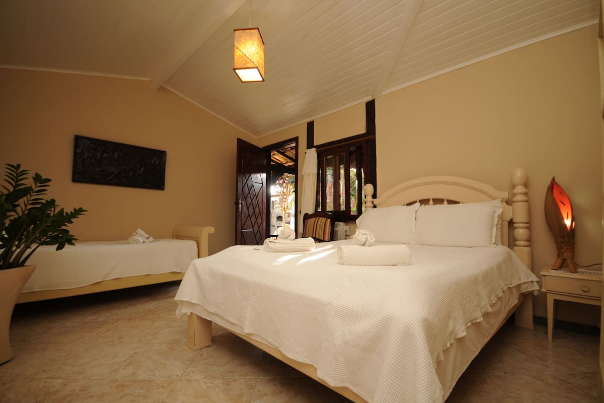 A well-lit bedroom with two beds, a bedside table with a lamp, and a potted plant.
