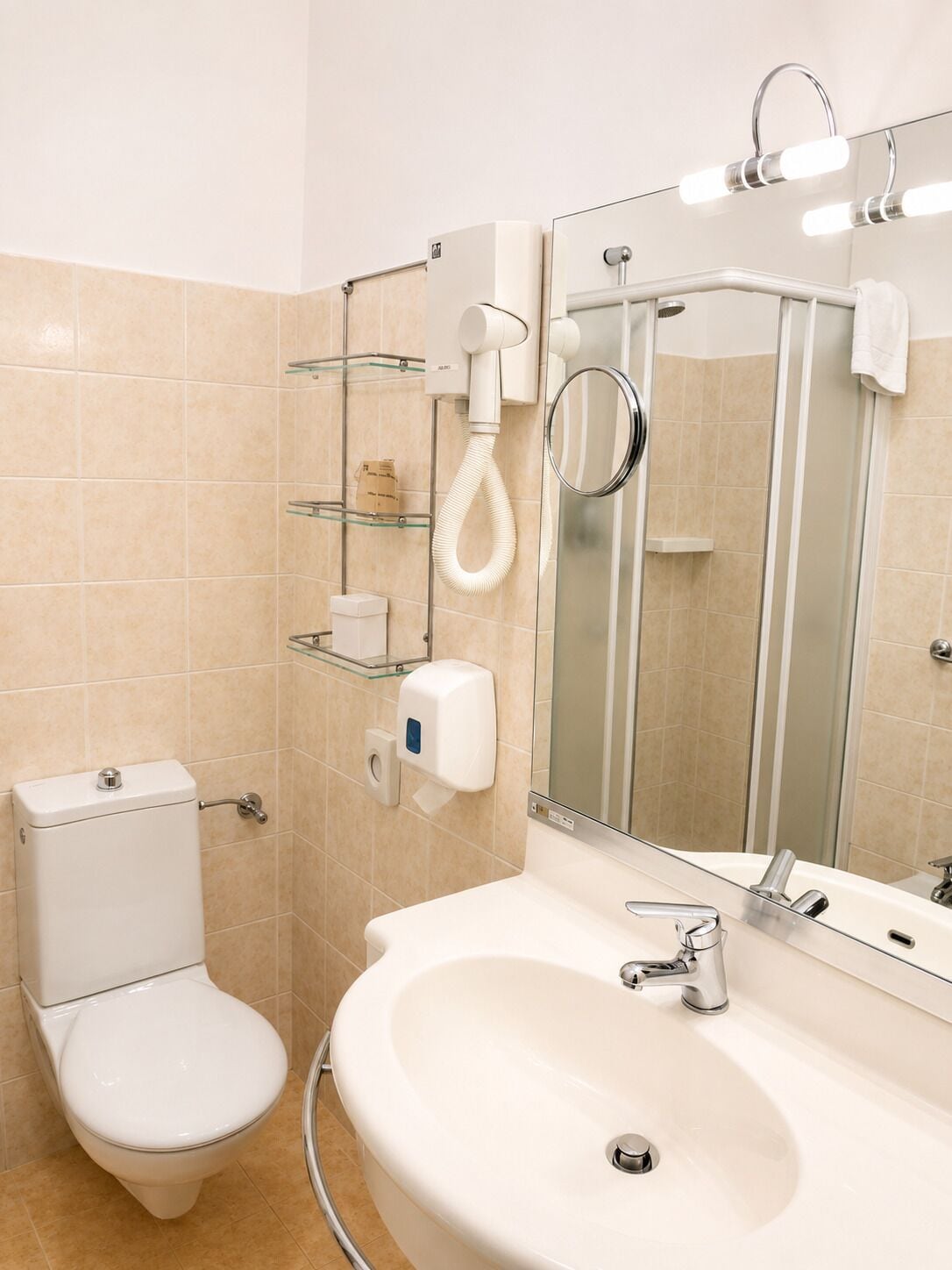Une salle de bain équipée d’un WC, d’un lavabo, d’un miroir et d’un porte-serviettes.