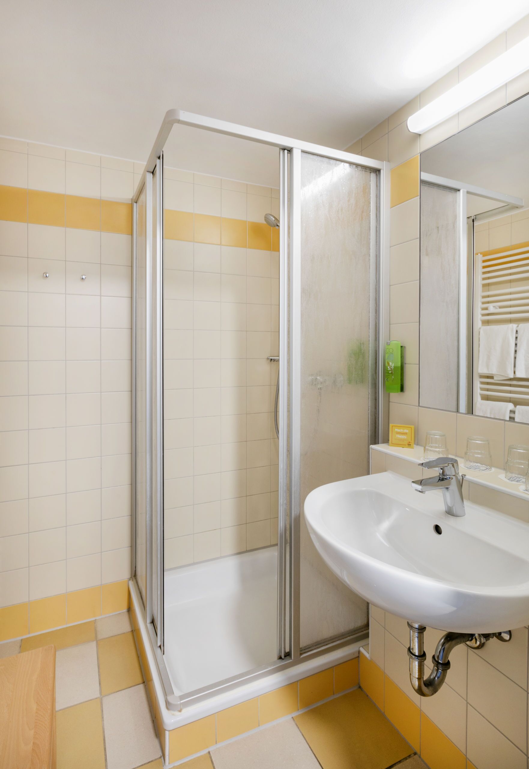 A bathroom with a glass-enclosed shower, a white sink, and a mirror above it.