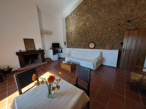 A living room with a stone wall, a fireplace, a sofa, and a dining table with flowers.