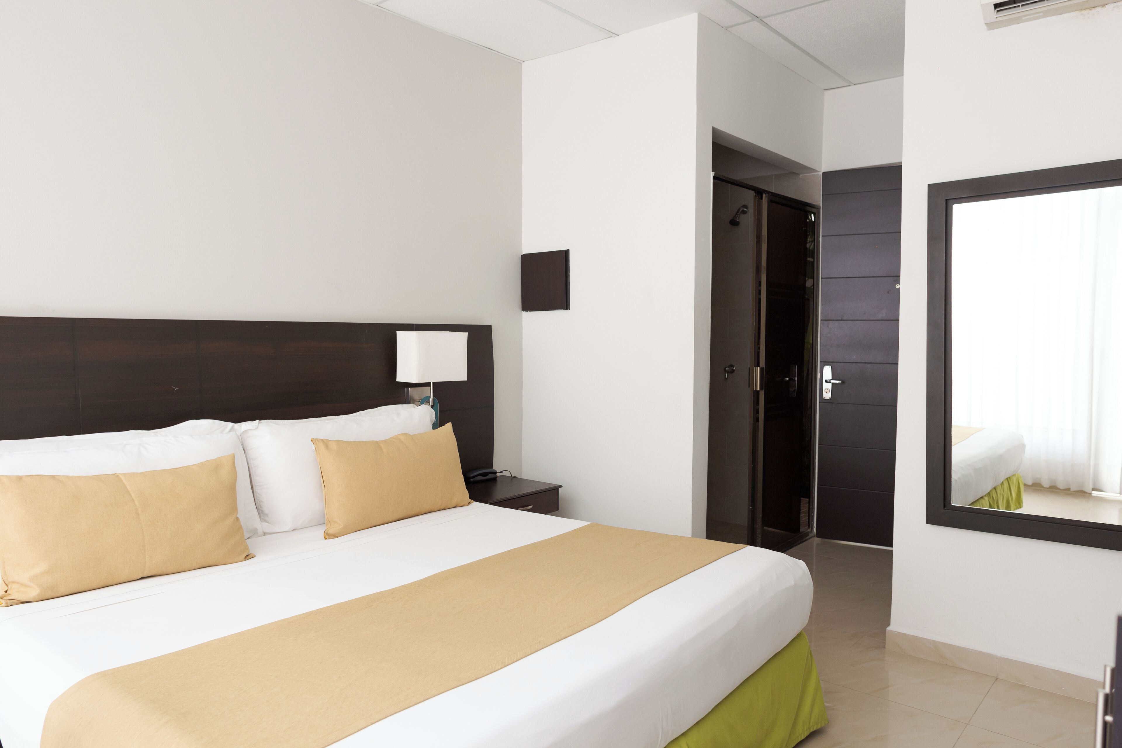 A hotel room with a large bed, a bedside table, a lamp, and a mirror.