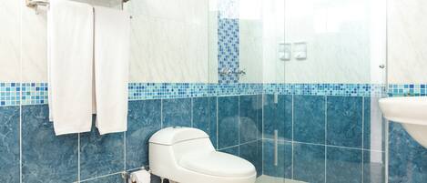 A bathroom with a toilet, a glass shower enclosure, and a sink.