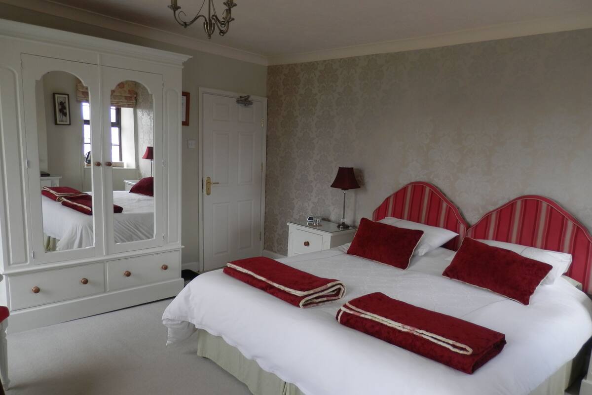 Une chambre à coucher avec un grand lit, une armoire, une table de chevet et un miroir.