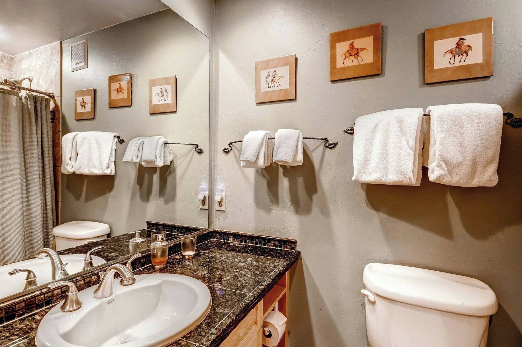 Un bagno con lavandino, specchio e WC. Asciugamani appesi a un portasciuga e quadri appesi al muro.