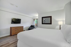 Un dormitorio con cama, cómoda, televisor, espejo y ventana.