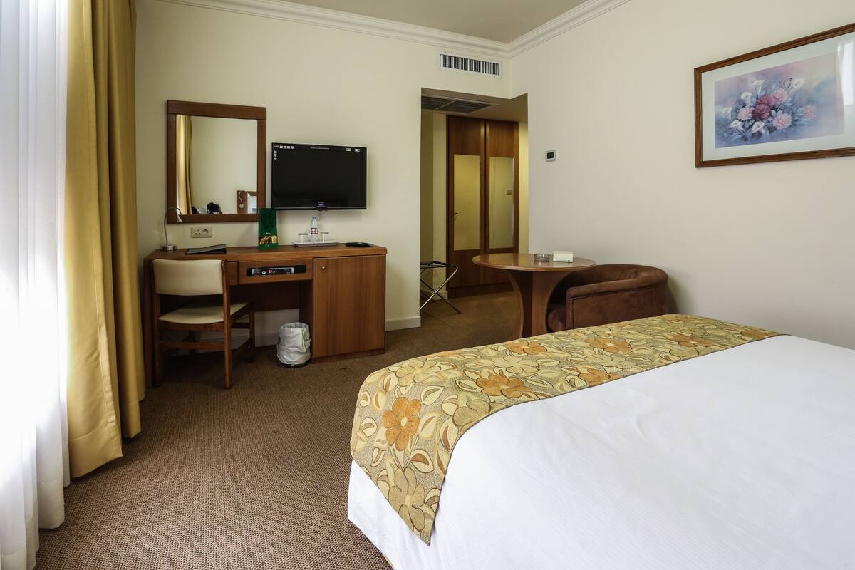 A hotel room with a bed, a desk, a chair, a television, and a painting on the wall.