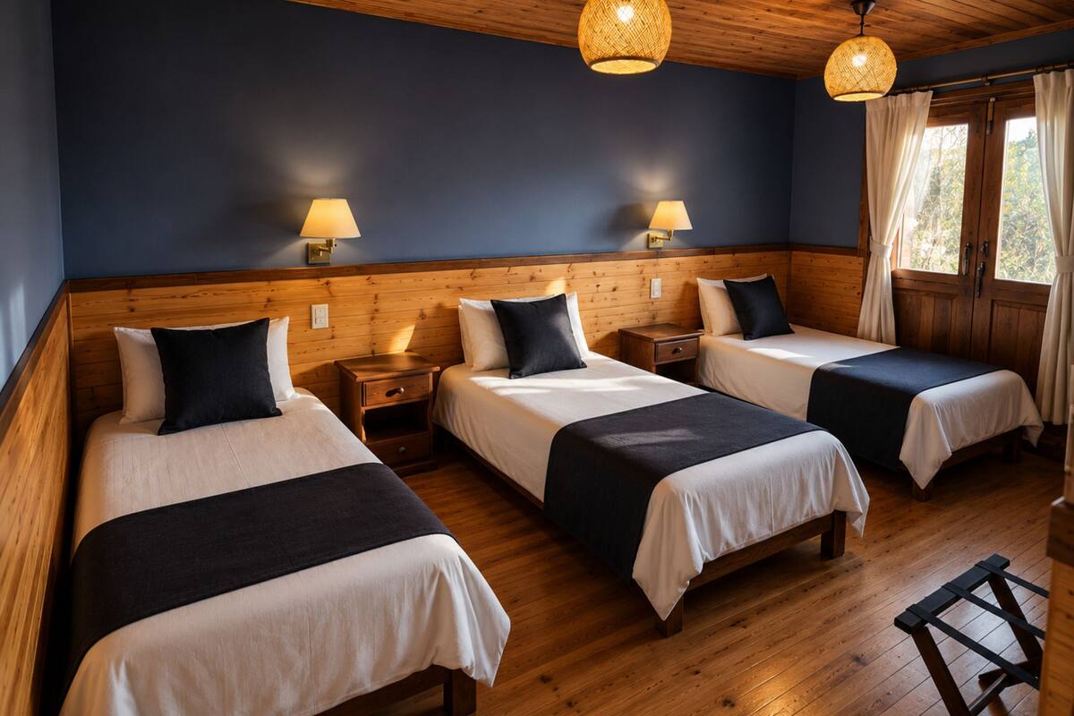 Una habitación con tres camas, cabeceros de madera, lámparas de noche y un ventanal con cortinas.