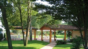 Un espacio al aire libre techado con un sendero pavimentado, rodeado de árboles y follaje.