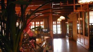 Un interior espacioso con pisos de madera y una gran planta en maceta.