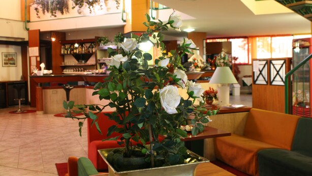 Un vestíbulo con una planta en maceta, zona de estar, escalera y bar.