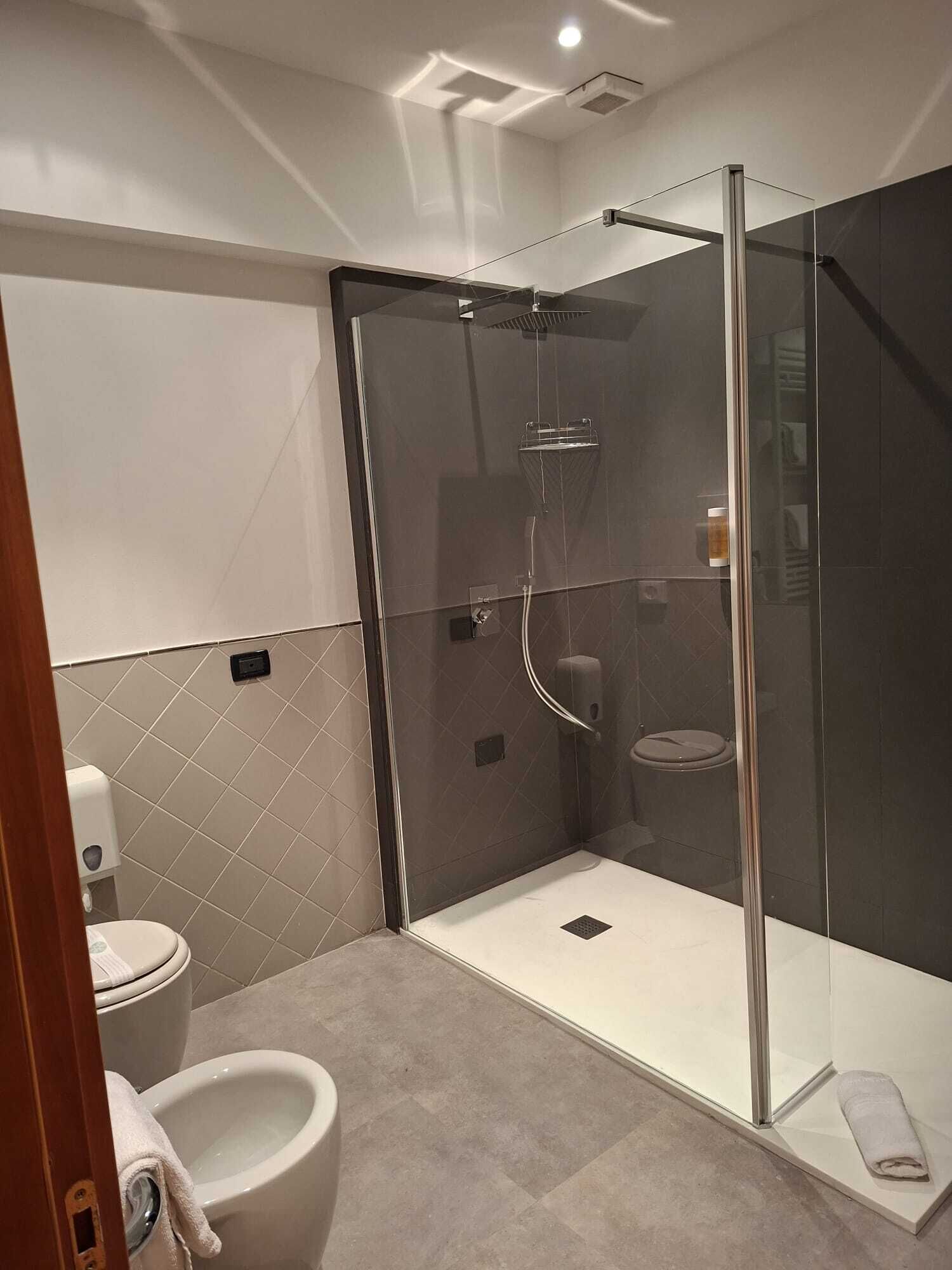 A modern bathroom with a glass-enclosed shower, a toilet, and a bidet.