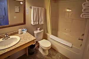 Separate tub and shower, hair dryer, towels