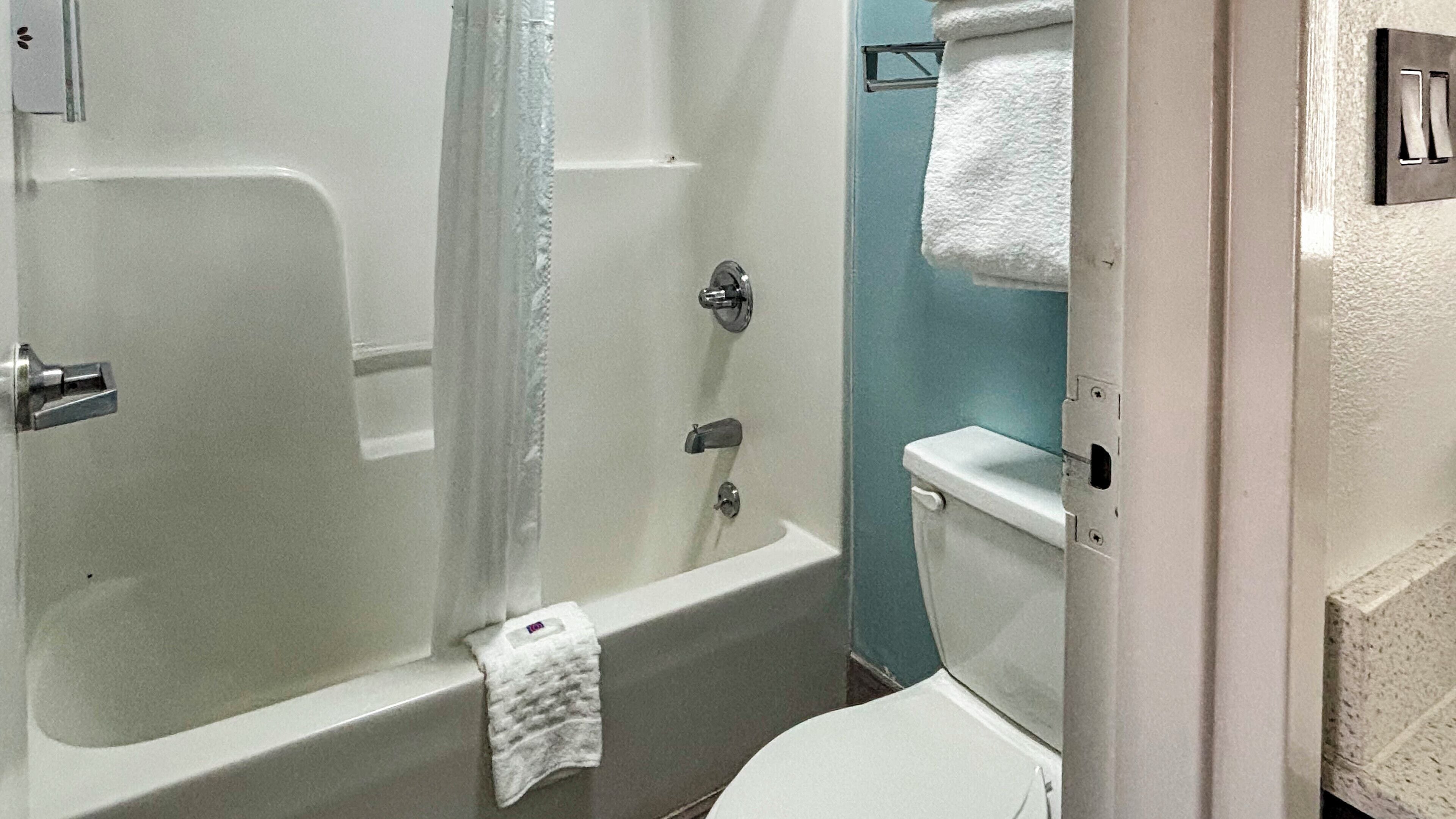 Ein Badezimmer mit Badewanne, Dusche und Toilette.