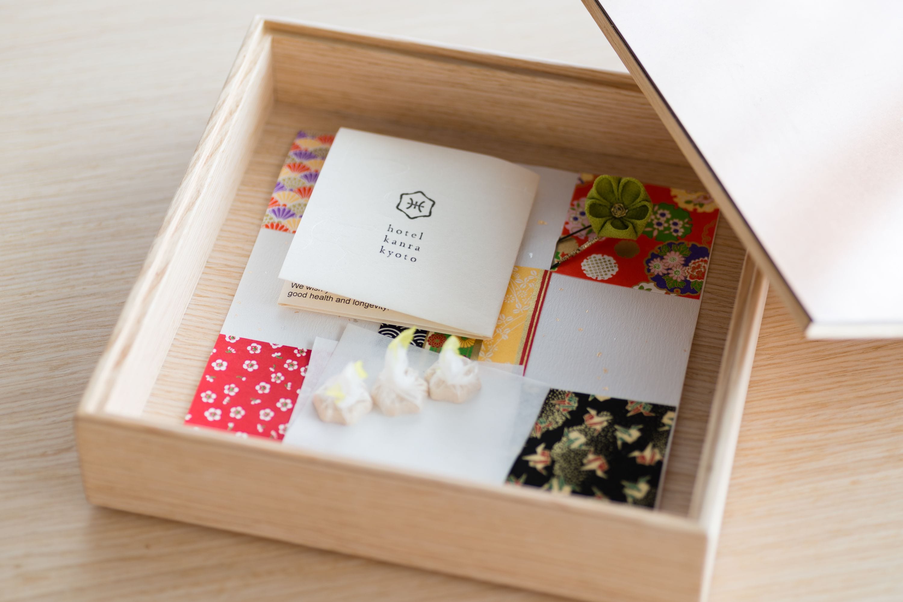 A wooden box with a hotel name card and various patterned papers.