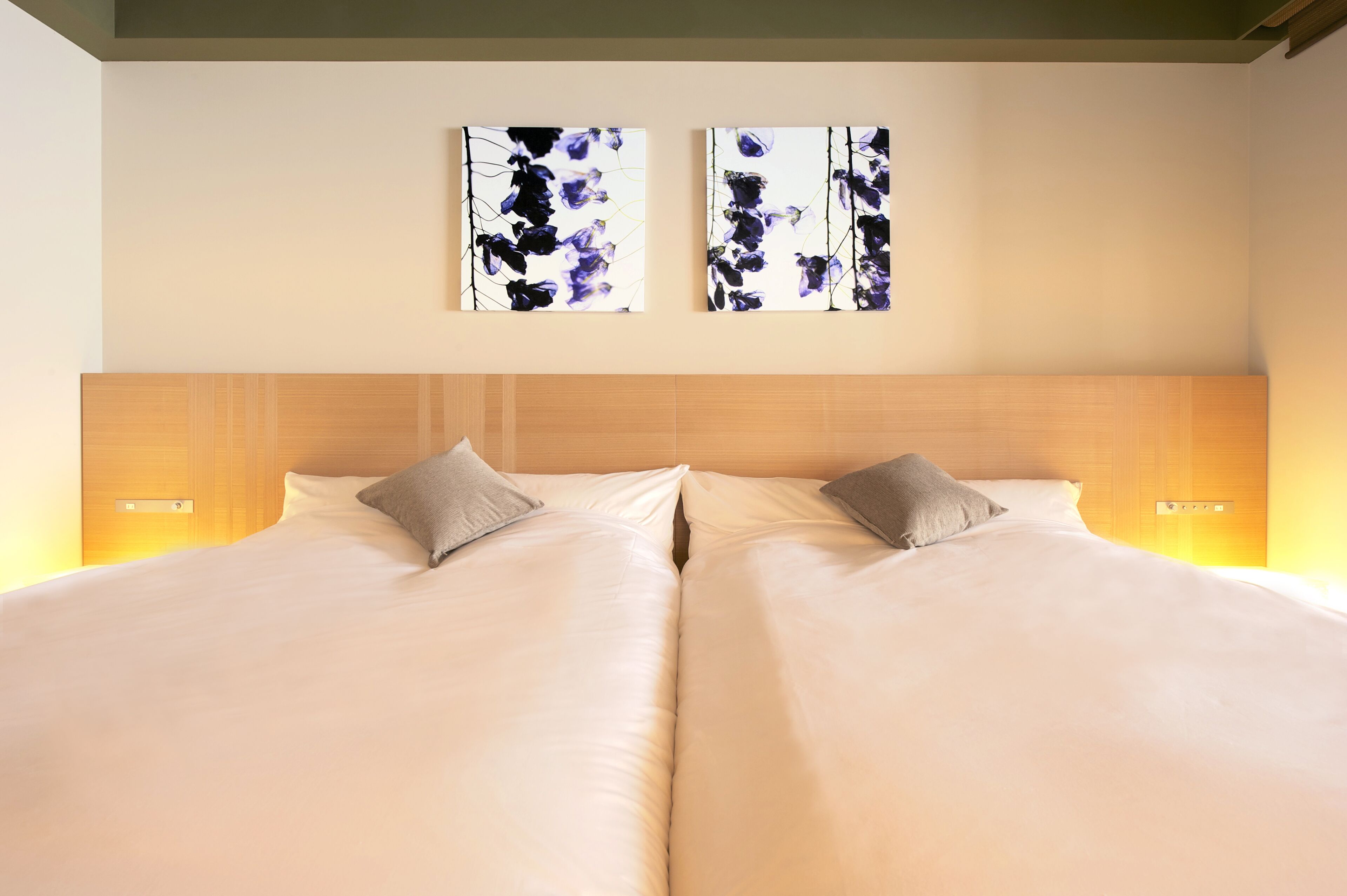 A double bed with two pillows, a wooden headboard, and two wall-mounted light fixtures.