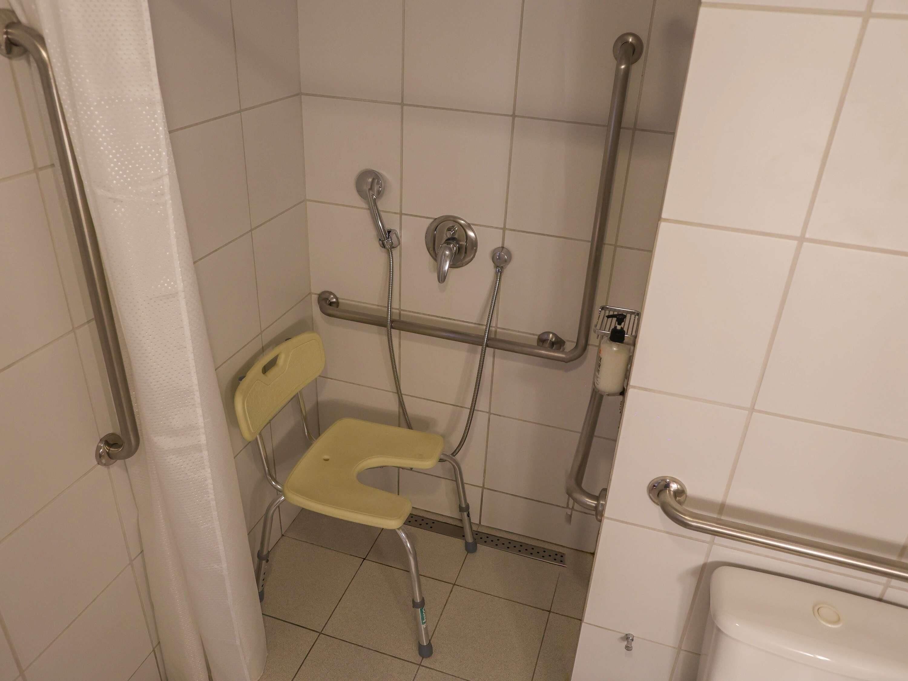 A bathroom with a wheelchair-accessible shower, a toilet, and a grab bar.