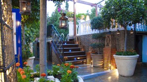 Une cour avec un escalier en pierre, des plantes en pot et une balustrade.