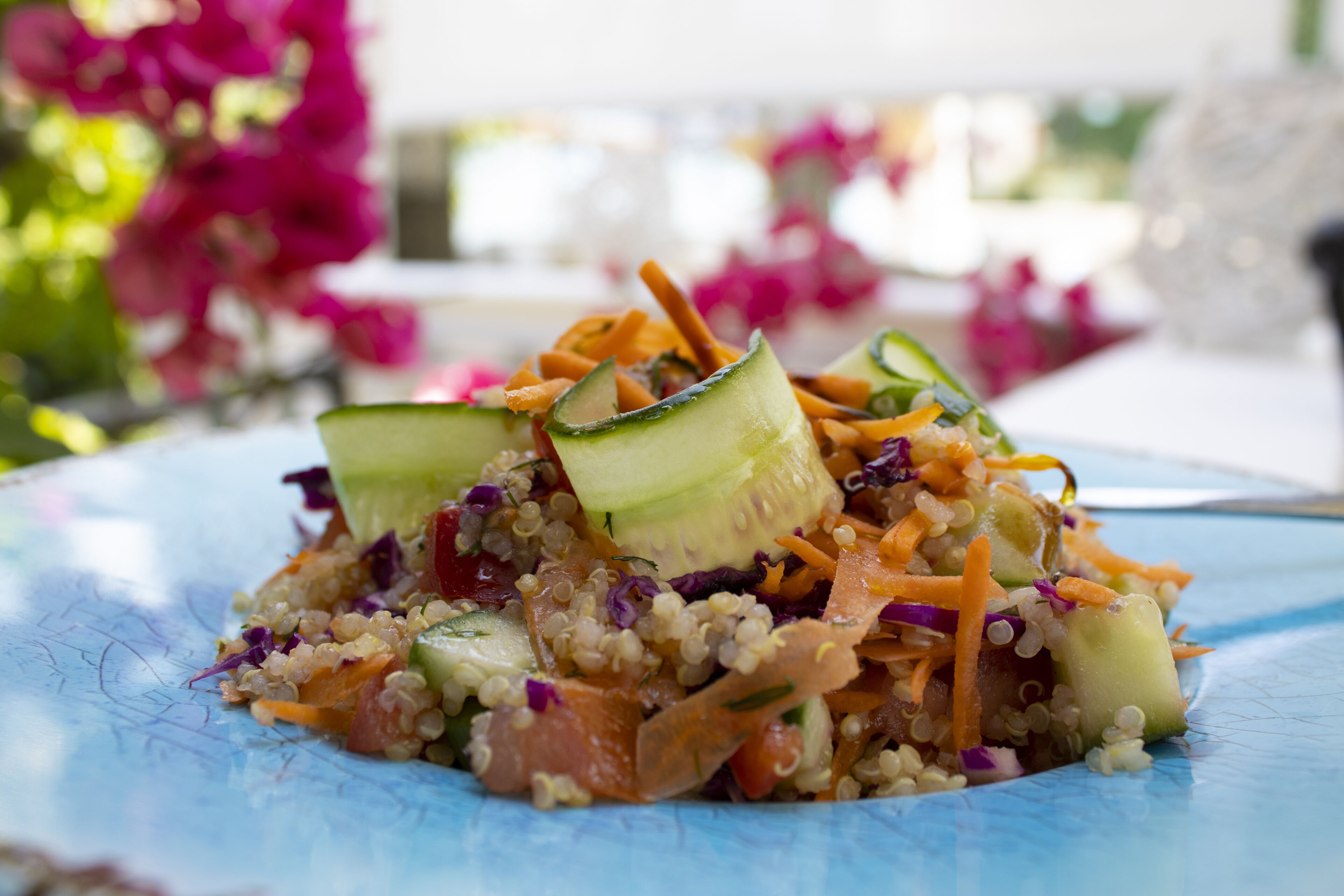 A salad with cucumbers, carrots, and other vegetables on a blue plate.
