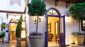 Une cour avec une grande plante en pot, une porte dotée d’un cadre violet et un luminaire fixé au mur.
