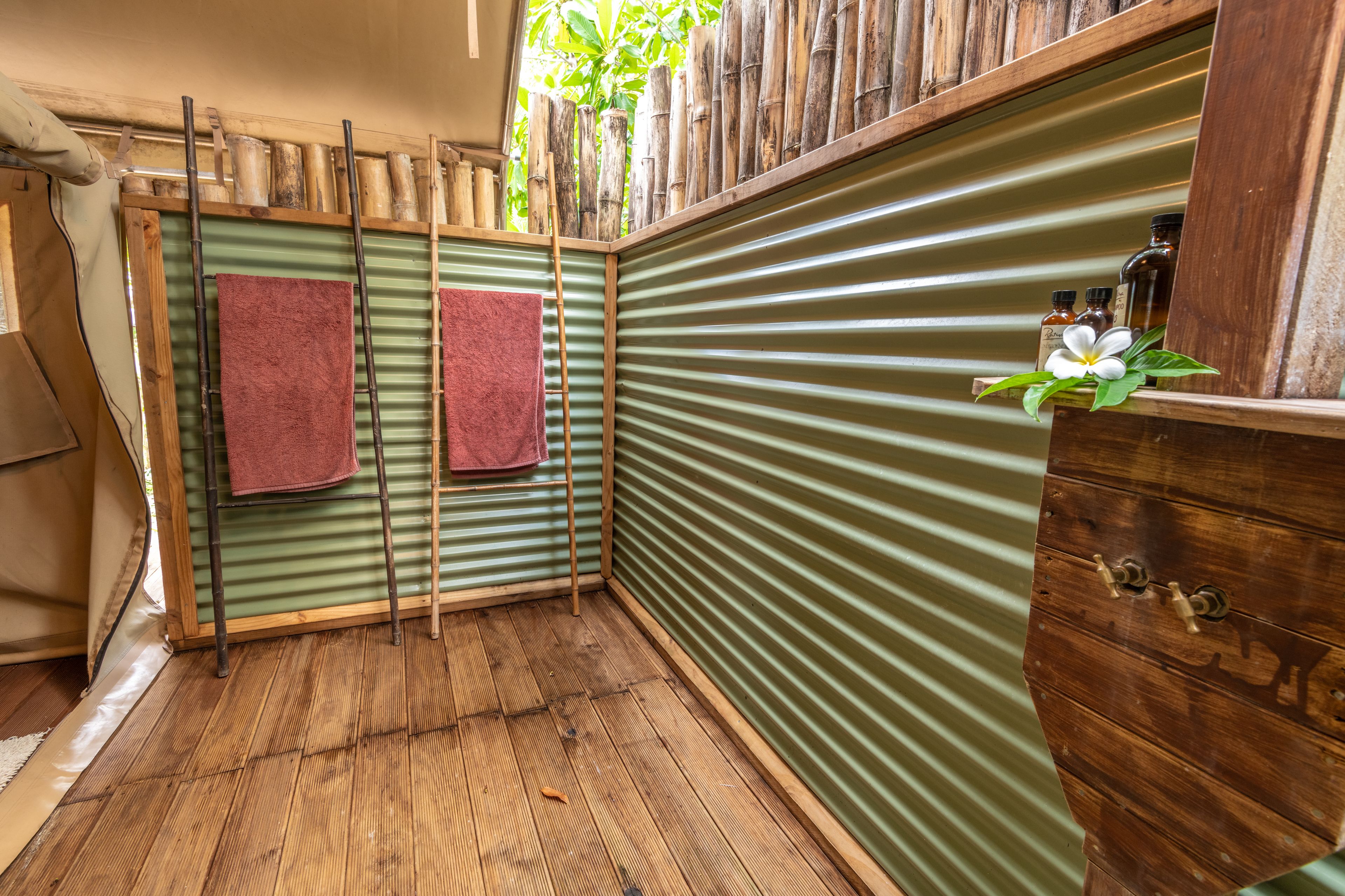 beachfront glamping marquee | bathroom | shower, free toiletries, hair dryer, bathrobes