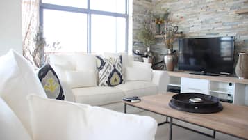 Superior Penthouse, 3 Bedrooms | Living room | 40-inch plasma TV with satellite channels, TV, DVD player