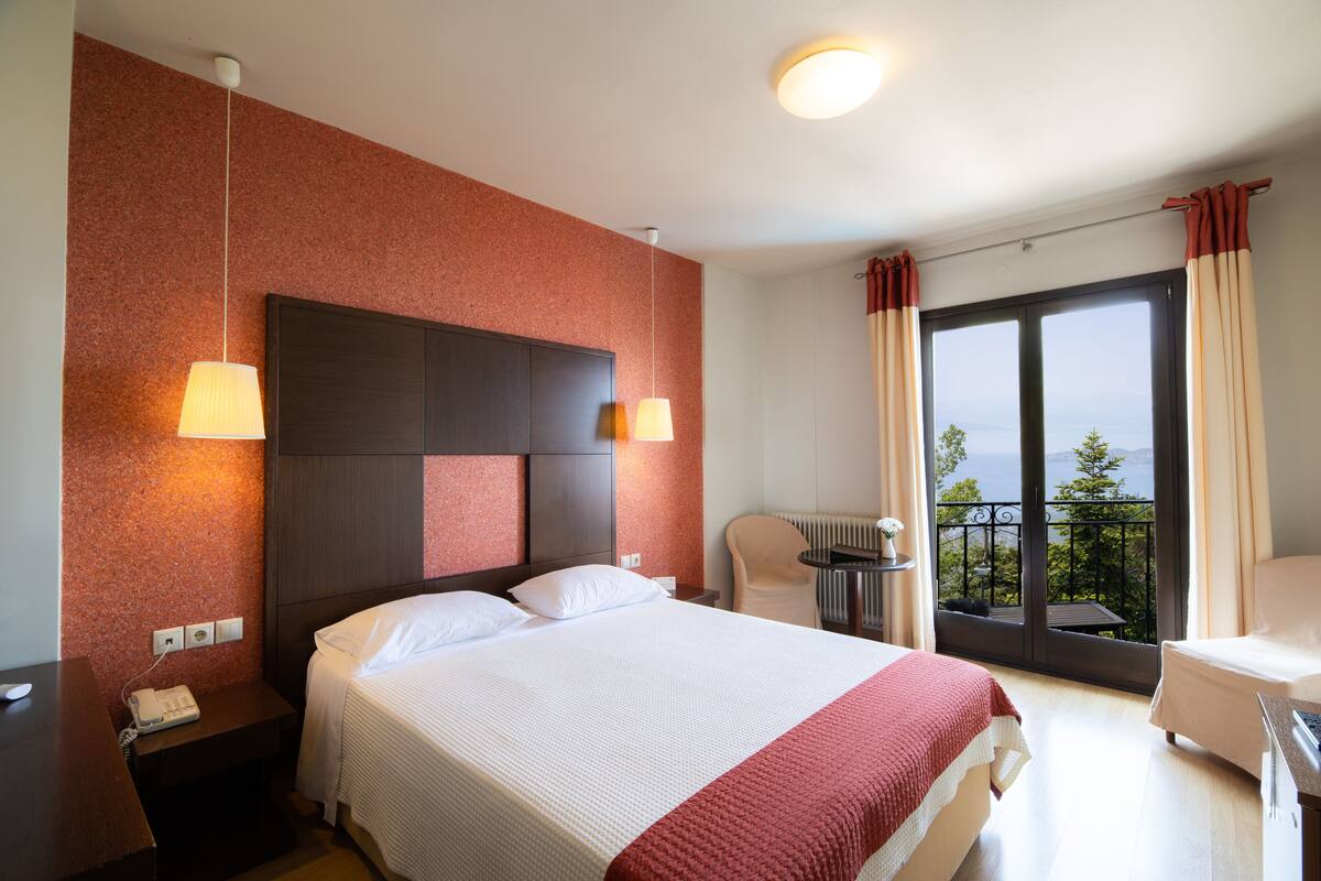 double room with balcony and panoramic volos view | 1 bedroom, egyptian cotton sheets, premium bedding, down duvets