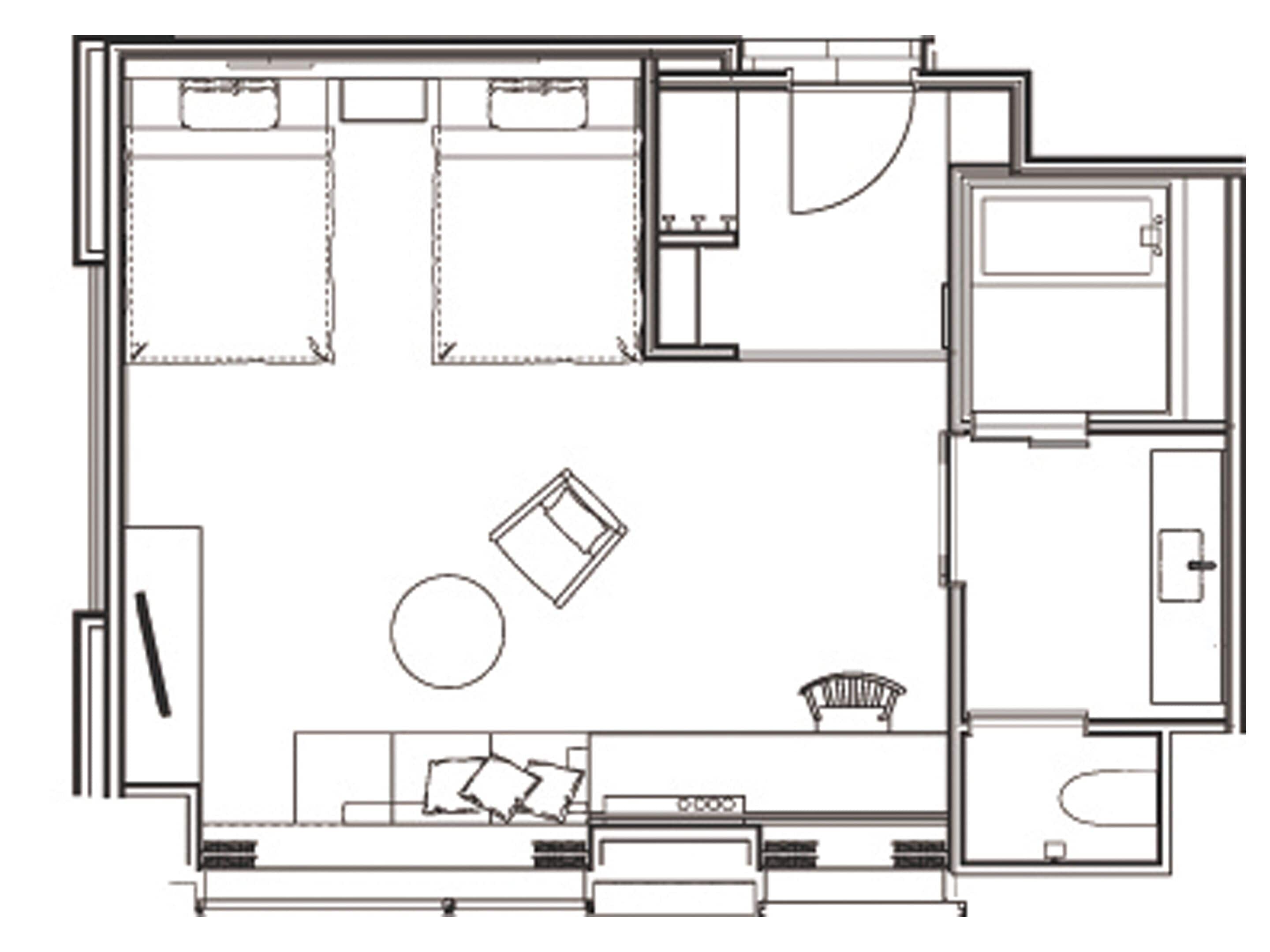 A floor plan with a living area, two bedrooms, a bathroom, and a kitchen.