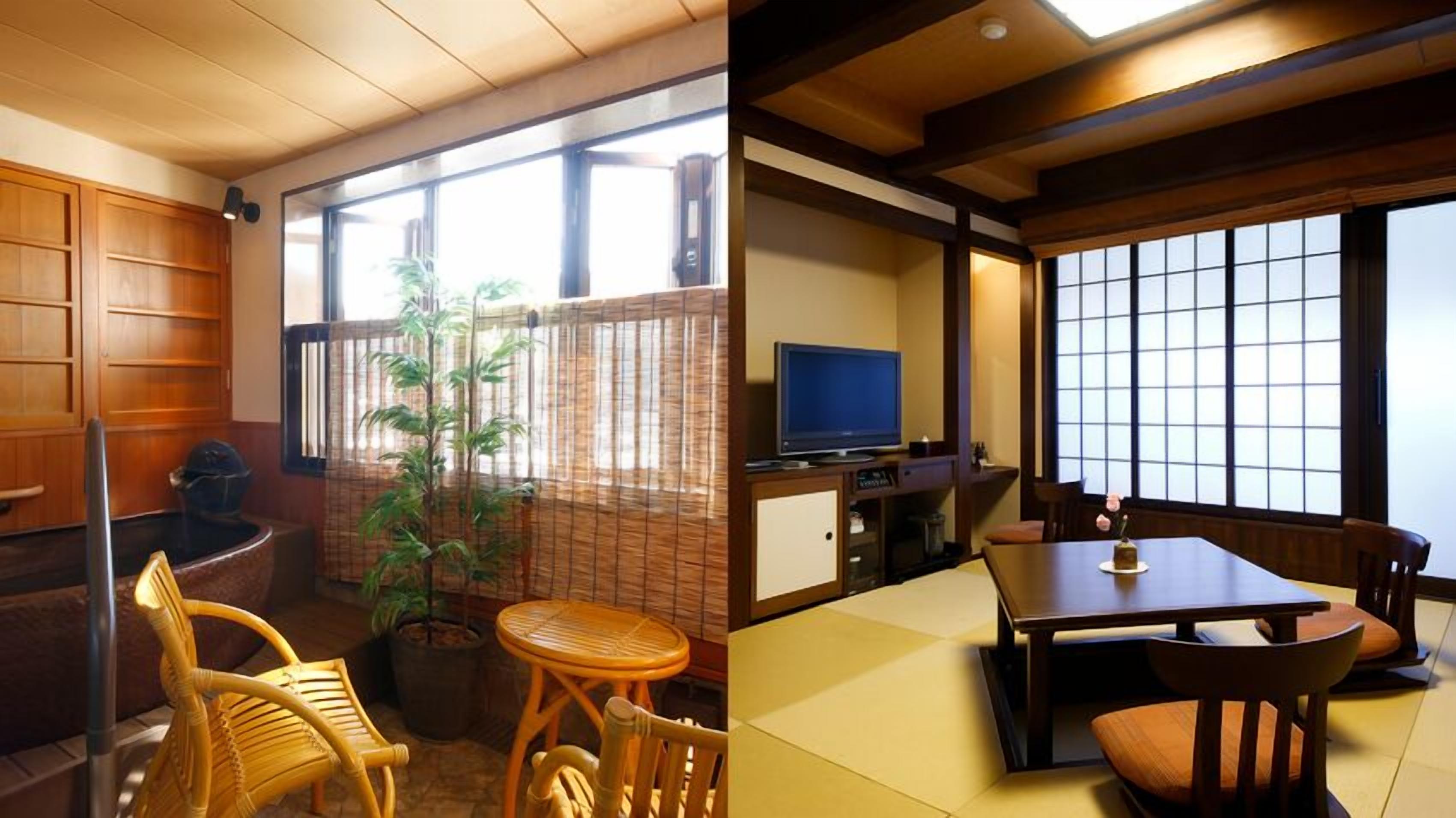 Et traditionelt japansk værelse med tatamimåtter, et fjernsyn, en potteplante og en skydedør.