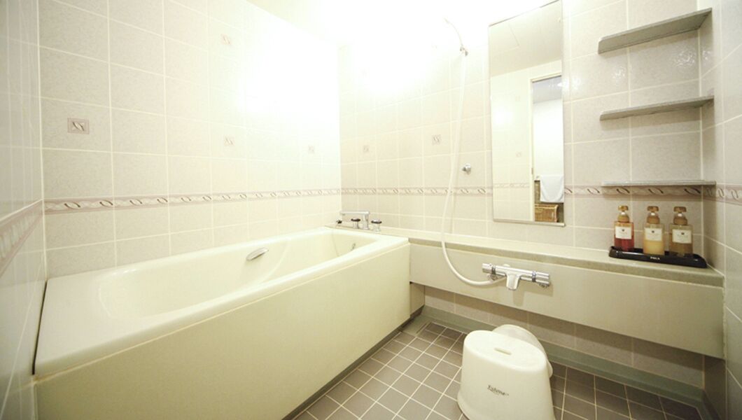 combined shower/bathtub, free toiletries, hair dryer, slippers
