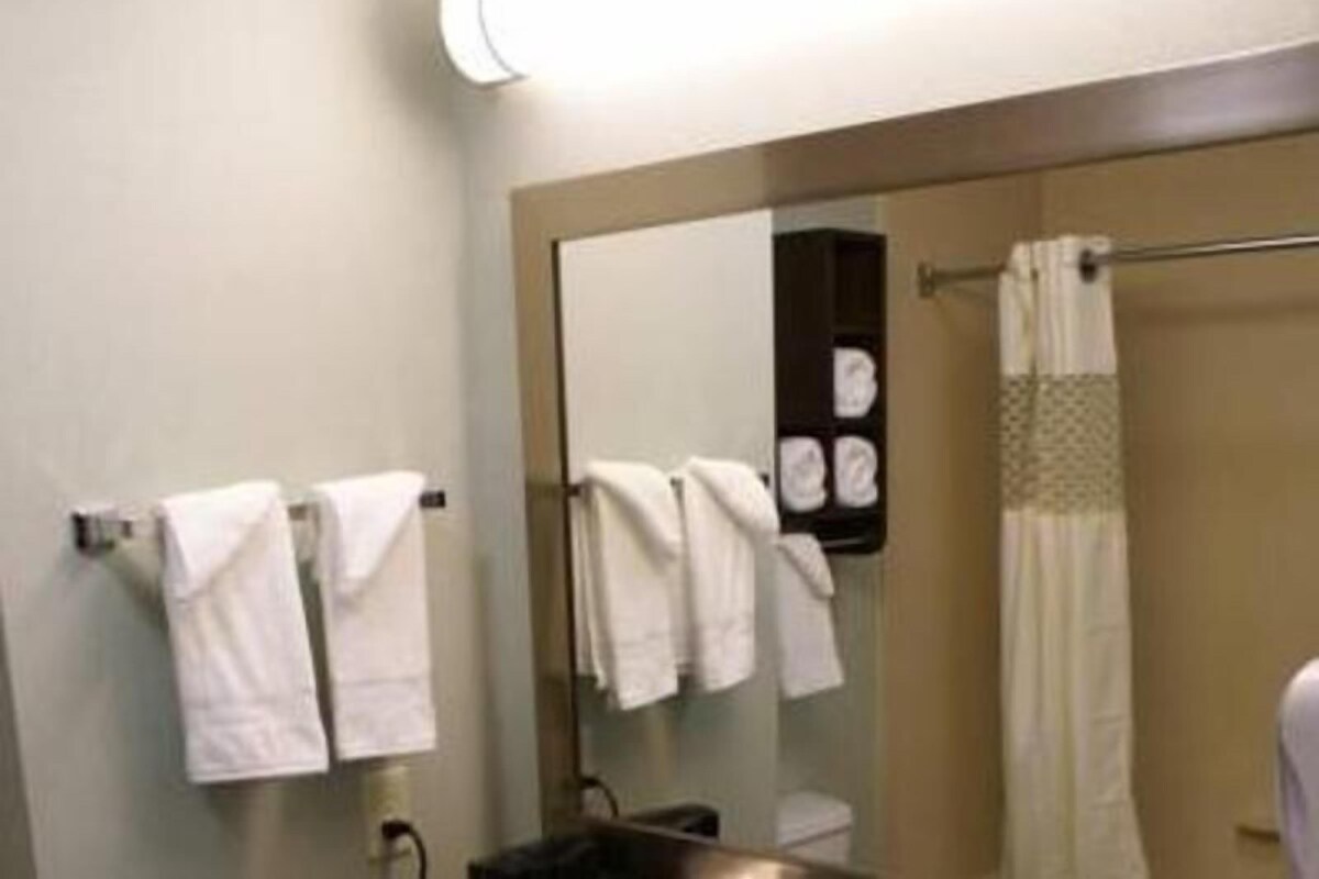 A bathroom with a mirror, towel rack, and a shower curtain.
