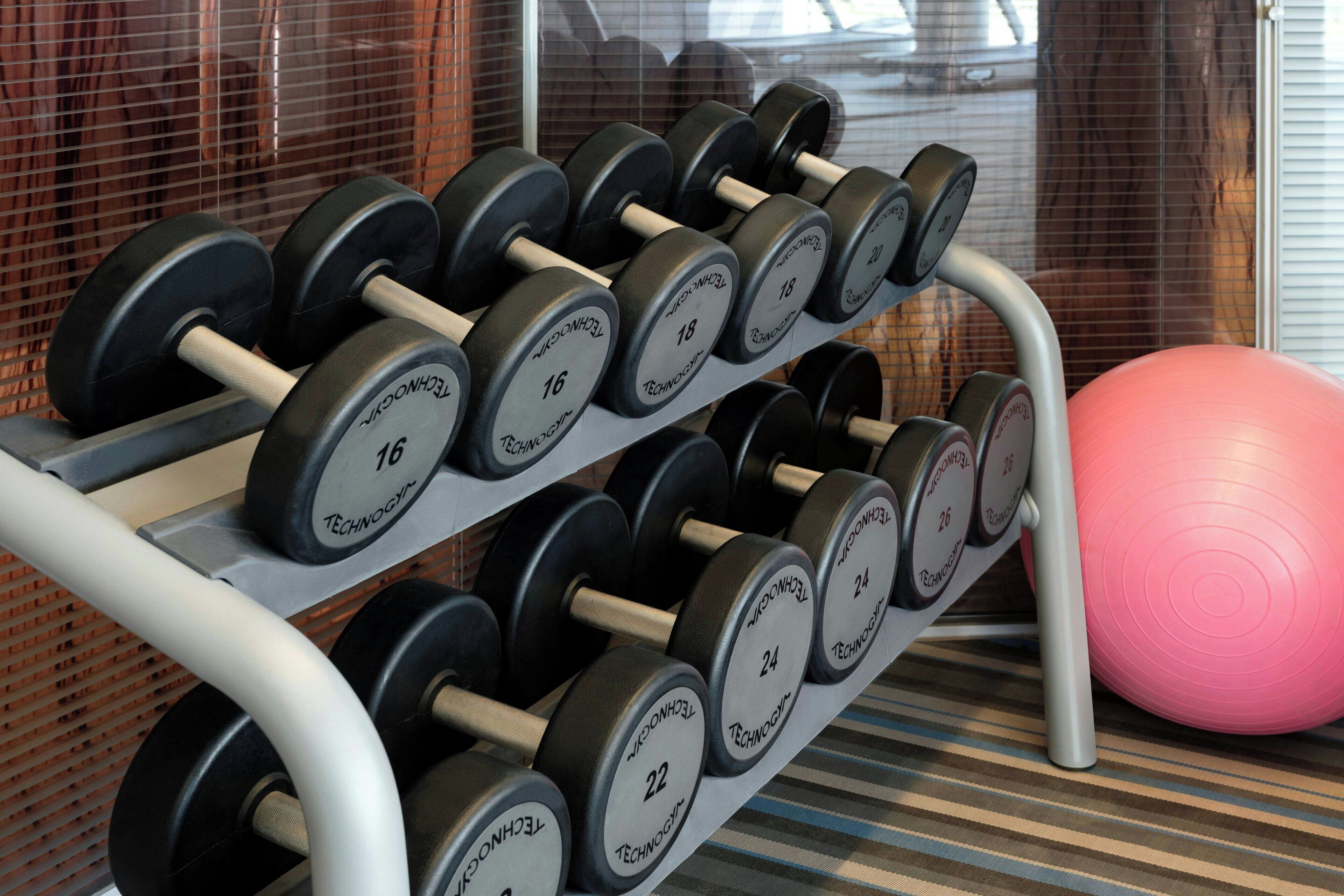 Suporte com halteres de pesos variando de 16 a 26 quilos, uma bola de exercício rosa e um piso listrado.