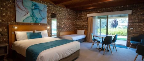 Premium bedding, desk, blackout drapes, iron/ironing board