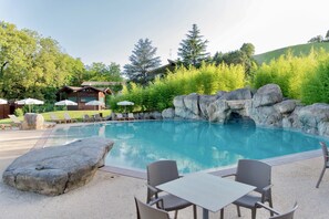 Outdoor pool, pool umbrellas, pool loungers
